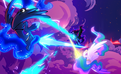 Size: 2622x1603 | Tagged: safe, artist:light262, artist:lummh, nightmare moon, princess celestia, princess luna, alicorn, pony, comic:timey wimey, fighting is magic, g4, angry, awesome, comic, eyes closed, female, fight, flying, gritted teeth, mare, patreon, spread wings, wings