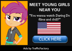 Size: 956x674 | Tagged: safe, scootaloo, equestria girls, g4, advertisement, clickbait, downvote bait, implied foalcon, parody