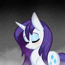 Size: 1000x1000 | Tagged: safe, artist:vale-bandicoot96, rarity, pony, unicorn, g4, eyes closed, female, rain, smiling, solo, wet, wet mane, wet mane rarity