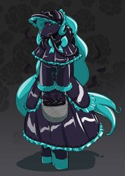 Size: 2088x2928 | Tagged: safe, artist:helixjack, oc, oc only, oc:vanessa, earth pony, anthro, basket, clothes, dress, earth pony oc, flower, gas mask, high heels, high res, latex, latex dress, mask, post-transformation, rose, rubber drone, shoes