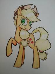 Size: 966x1288 | Tagged: safe, artist:ponime11, applejack, earth pony, pony, g4, cowboy hat, female, hat, looking at you, mare, marker drawing, raised hoof, simple background, solo, traditional art, white background