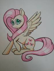 Size: 966x1288 | Tagged: safe, artist:ponime11, fluttershy, pony, g4, female, sitting, solo, traditional art