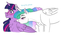 Size: 1280x741 | Tagged: safe, artist:cascayd, princess celestia, twilight sparkle, alicorn, pony, g4, ask, assisted preening, bedroom eyes, blushing, descriptive noise, female, lesbian, mare, preening, scrunchy face, ship:twilestia, shipping, simple background, surprised, tumblr, twilight sparkle (alicorn), white background