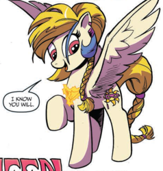 Size: 475x500 | Tagged: safe, artist:andypriceart, idw, official comic, golden feather, princess celestia, pegasus, pony, g4, spoiler:comic, spoiler:comic65, braid, braided tail, cropped, disguise, female, mare, pegasus celestia, race swap, raised hoof, simple background, solo, speech bubble, white background