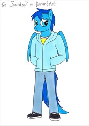 Size: 2462x3492 | Tagged: safe, artist:killerteddybear94, oc, oc:karma, pegasus, anthro, clothes, hand in pocket, high res, hoodie, jeans, looking away, pants, requested art, shoes, solo, traditional art, wings