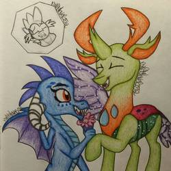 Size: 1080x1080 | Tagged: safe, artist:raritylover152, princess ember, spike, thorax, changedling, changeling, dragon, g4, cotton candy, dragoness, duo focus, female, interspecies, king thorax, male, romantic, ship:embrax, shipping, straight, traditional art