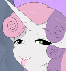 Size: 1002x1074 | Tagged: safe, artist:skyearts, sweetie belle, unicorn, anthro, g4, bedroom eyes, bust, female, floppy ears, lidded eyes, looking at you, open mouth, portrait, seductive, smiling, solo, tongue out