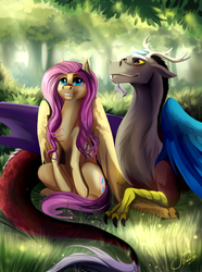 Size: 2602x3500 | Tagged: safe, artist:juliagoldfox, discord, fluttershy, draconequus, pegasus, pony, g4, female, grass field, high res, male, ship:discoshy, shipping, straight, sun, tree