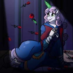 Size: 2048x2048 | Tagged: safe, artist:moonwhisperderpy, artist:percy-mcmurphy, sweetie belle, unicorn, anthro, g4, clothes, crying, dress, female, flower, glowing horn, high res, horn, magic, rose, solo, telekinesis