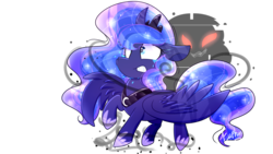 Size: 1920x1080 | Tagged: safe, artist:lynchristina, princess luna, oc, oc:shadow, alicorn, ghost, pony, princess trixie sparkle, g4, crown, digital art, ethereal mane, female, jewelry, mare, nightmare, raised hoof, regalia, signature, simple background, solo, starry mane, transparent background