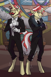 Size: 1200x1800 | Tagged: safe, artist:percy-mcmurphy, flam, flim, unicorn, anthro, unguligrade anthro, g4, clothes, flim flam brothers, male, smiling, stallion, suit, tuxedo