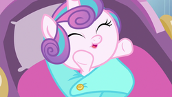 Size: 1280x720 | Tagged: safe, screencap, princess flurry heart, pony, g4, the times they are a changeling, adorable face, baby, baby blanket, baby pony, blanket, cradle, cute, daaaaaaaaaaaw, female, flurrybetes, hnnng, pillow, reaching, safety pin, solo, swaddled baby, swaddling, weapons-grade cute