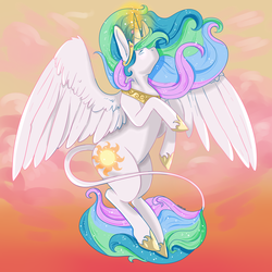 Size: 3600x3600 | Tagged: safe, artist:kirakiracalico, princess celestia, alicorn, pony, g4, cloud, crown, ear fluff, female, glowing eyes, high res, hoof shoes, jewelry, leonine tail, magic, majestic, mare, necklace, no mouth, regalia, sky, solo, spread wings, sunset, wing fluff, wings