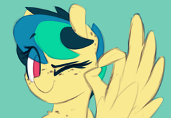 Size: 1188x823 | Tagged: safe, artist:shinodage, oc, oc only, oc:apogee, pegasus, pony, female, filly, freckles, looking at you, ok hand sign, one eye closed, smiling, solo, teenager, wing hands, wink