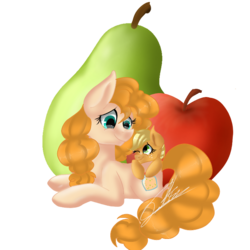 Size: 768x768 | Tagged: safe, artist:sweetkllrvane, applejack, pear butter, earth pony, pony, g4, apple, female, filly, food, mare, mother and daughter, pear, simple background, transparent background