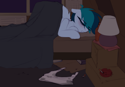 Size: 1649x1152 | Tagged: safe, artist:shinodage, oc, oc only, oc:delta vee, pegasus, pony, alcohol, ashtray, bed, blanket, book, cigarette, delta vee's junkyard, description is relevant, eyes closed, female, lamp, mare, sleeping, solo, spread wings, wingboner, wings