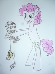 Size: 3240x4320 | Tagged: safe, artist:thr3eguess3s, pinkie pie, oc, oc:kaboodle, draconequus, g4, baby, bipedal, draconequus oc, duo, female, holding a draconequus, interspecies offspring, male, mother and son, offspring, parent:discord, parent:pinkie pie, parents:discopie, tongue out, traditional art