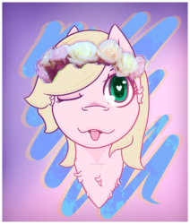 Size: 865x1020 | Tagged: safe, artist:lazerblues, oc, oc only, oc:connie amore, pony, bust, chest fluff, floral head wreath, flower, flower in hair, heart eyes, looking at you, one eye closed, solo, tongue out, wingding eyes, wink