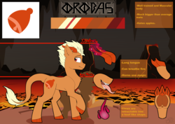 Size: 1280x908 | Tagged: safe, artist:beardie, oc, oc only, oc:orobas, dracony, hybrid, pony, cave, claws, fire, horns, lava, long tongue, looking back, magic, reference sheet, text, tongue out, underhoof, volcano