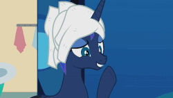 Size: 1500x843 | Tagged: safe, artist:forgalorga, princess luna, alicorn, pony, everyone loves princess luna, g4, animated, bathroom, female, gif, it came from youtube, mare, nervous smile, shaking, towel, waving, youtube link