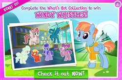 Size: 1156x764 | Tagged: safe, gameloft, angel wings, hyacinth dawn, loosey-goosey, short fuse, sky stinger, vapor trail, windy whistles, pegasus, pony, g4, advertisement, collection, determined trainee, female, game, game screencap, male, mare, stallion, wonderbolts