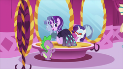 Size: 1280x720 | Tagged: safe, screencap, rarity, spike, starlight glimmer, dragon, pony, unicorn, g4, my little pony: friendship is magic, the cutie re-mark, carousel boutique, clothes, dress, glasses, mirror, reflection, s5 starlight