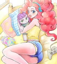 Size: 1000x1129 | Tagged: safe, artist:hobilo, maud pie, pinkie pie, human, equestria girls, g4, adorasexy, bed, clothes, controller, cute, diapinkes, female, frilly underwear, headband, humanized, looking at you, panties, pillow, plushie, sexy, shorts, solo, tank top, underwear, upshorts, yellow underwear