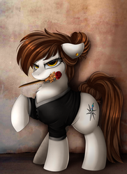 Size: 2550x3509 | Tagged: safe, artist:pridark, oc, oc only, earth pony, pony, clothes, commission, dangerous, female, high res, looking at you, mare, mouth hold, solo