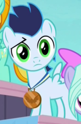 Size: 353x543 | Tagged: safe, screencap, flitter, lightning dust, soarin', pegasus, pony, g4, parental glideance, bronze medal, colt, colt soarin', confused, cropped, female, filly, flashback, foal, frown, green eyes, male, raised eyebrow, solo focus, spread wings, younger