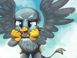 Size: 2000x1500 | Tagged: safe, artist:blackligerth, gabby, griffon, g4, cute, female, gabbybetes, open mouth, sky, solo, spread wings, wings