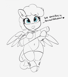 Size: 1280x1451 | Tagged: safe, artist:pabbley, sunny delivery, pegasus, pony, g4, 30 minute art challenge, belly button, cute, dialogue, female, looking at you, mailmare, mare, partial color, pubic mound, solo, standing