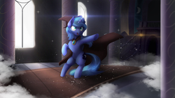 Size: 4000x2250 | Tagged: safe, artist:blackligerth, princess luna, alicorn, pony, g4, armpits, cape, clothes, costume, cutie mark, female, hat, mare, s1 luna, solo, window, witch hat