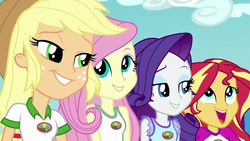Size: 1280x720 | Tagged: safe, screencap, applejack, fluttershy, rarity, sunset shimmer, equestria girls, g4, my little pony equestria girls: legend of everfree, applejack's hat, camp everfree logo, camp everfree outfits, cowboy hat, cute, female, freckles, group photo, hat, jackabetes, raribetes, shimmerbetes, shyabetes, smiling, stetson