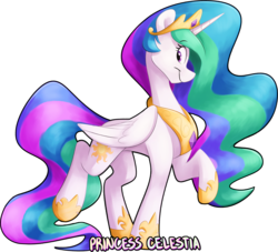 Size: 2999x2719 | Tagged: safe, artist:luximus17, princess celestia, alicorn, pony, g4, cute, cutelestia, female, folded wings, high res, jewelry, looking back, mare, name, profile, raised hoof, regalia, simple background, smiling, solo, standing, transparent background