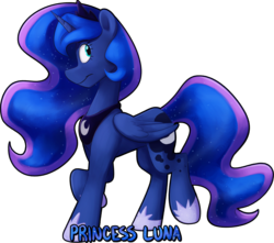 Size: 2604x2301 | Tagged: safe, artist:luximus17, princess luna, alicorn, pony, g4, cute, female, folded wings, high res, jewelry, looking back, lunabetes, mare, name, profile, raised hoof, regalia, simple background, solo, standing, transparent background