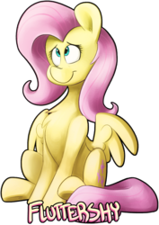 Size: 1417x2001 | Tagged: safe, artist:luximus17, fluttershy, pegasus, pony, g4, chest fluff, cute, female, mare, name, shyabetes, simple background, sitting, smiling, solo, spread wings, transparent background, wings