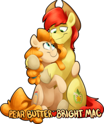 Size: 2351x2796 | Tagged: safe, artist:luximus17, bright mac, pear butter, earth pony, pony, g4, cute, female, high res, hug, looking at each other, male, name, pearabetes, ship:brightbutter, shipping, simple background, sitting, smiling, straight, transparent background