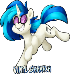 Size: 1933x2068 | Tagged: safe, artist:luximus17, dj pon-3, vinyl scratch, pony, unicorn, g4, cute, female, grin, looking sideways, mare, misspelling, name, prancing, simple background, smiling, solo, sunglasses, transparent background, vinylbetes