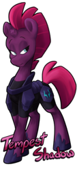 Size: 1250x2772 | Tagged: safe, artist:luximus17, fizzlepop berrytwist, tempest shadow, pony, unicorn, g4, my little pony: the movie, armor, broken horn, cute, female, horn, lidded eyes, looking away, looking sideways, mare, name, simple background, solo, standing, tempestbetes, transparent background