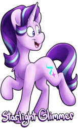 Size: 1401x2270 | Tagged: safe, artist:luximus17, starlight glimmer, pony, unicorn, g4, chest fluff, cute, female, glimmerbetes, looking at something, looking away, mare, name, open mouth, raised hoof, raised leg, simple background, smiling, solo, standing, transparent background, turned head