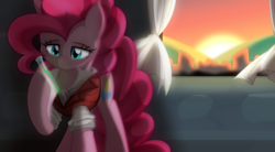 Size: 3800x2100 | Tagged: safe, artist:geraritydevillefort, pinkie pie, earth pony, pony, g4, clothes, crossover, dr jekyll and mr hyde, dr pinkie, dr pinkie and miss pie, female, high res, hoof hold, mare, musical, smiling, solo, test tube