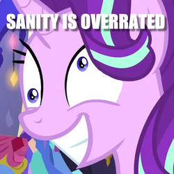 Size: 1000x1000 | Tagged: safe, edit, edited screencap, screencap, starlight glimmer, pony, unicorn, g4, no second prances, cropped, derp, image macro, insanity, meme, snaplight glimmer