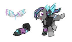 Size: 3075x1788 | Tagged: safe, artist:captainhoers, oc, oc only, oc:keyphrase, cyborg, pegasus, pony, amputee, augmented, clothes, commission, cutie mark, cyberpunk, female, jacket, multicolored mane, multicolored tail, neon, prosthetic limb, prosthetic wing, prosthetics, reference sheet, simple background, solo, transparent background, wings