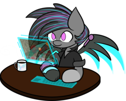 Size: 2000x1598 | Tagged: safe, artist:ren, oc, oc only, oc:keyphrase, cyborg, pegasus, pony, amputee, augmented, clothes, coffee cup, commission, cup, cutie mark, cyberpunk, doom, female, holographic keyboard, holographic screen, jacket, multicolored mane, neon, prosthetic limb, prosthetic wing, prosthetics, simple background, solo, table, transparent background, video game, wings