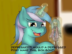Size: 1600x1200 | Tagged: safe, artist:pavlovzdawg, lyra heartstrings, pony, unicorn, equestria girls, g4, camp fashion show outfit, depressed, doll, female, glowing horn, horn, humie, implied bon bon, insanity, levitation, magic, parks and recreation, solo, telekinesis, text, that pony sure does love humans, toy