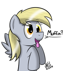 Size: 700x700 | Tagged: safe, artist:nesdoesart, derpy hooves, pegasus, pony, g4, begging, behaving like a dog, cute, derpabetes, female, mare, muffin, simple background, solo, that pony sure does love muffins, tongue out, white background