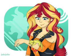 Size: 1900x1500 | Tagged: safe, artist:jadejellie, ray, sunset shimmer, gecko, equestria girls, g4, my little pony equestria girls: better together, my little pony equestria girls: summertime shorts, clothes, pet