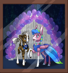 Size: 2500x2679 | Tagged: safe, artist:jackiebloom, oc, oc only, oc:disco inferno, oc:kinyume, hybrid, mule, pegamule, zony, blaze (coat marking), clothes, coat markings, crossdressing, dress, duo, facial markings, female, high res, interspecies offspring, magical lesbian spawn, male, mare, offspring, parent:daring do, parent:pinkie pie, parent:zecora, parents:daringcora, socks (coat markings), stallion