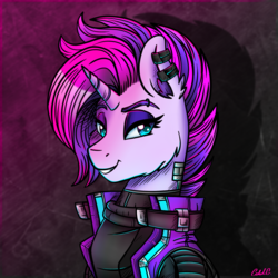 Size: 2200x2200 | Tagged: safe, artist:ciderpunk, oc, oc only, oc:synthwave, bust, clothes, cyberpunk, cyberpunk 2077, ear piercing, earring, high res, jacket, jewelry, neon, piercing