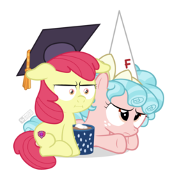 Size: 900x900 | Tagged: safe, artist:dm29, apple bloom, cozy glow, earth pony, pegasus, pony, g4, marks for effort, :i, chocolate, cutie mark, dunce hat, duo, empathy cocoa, epic fail, fail, female, filly, floppy ears, food, graduation cap, hat, hot chocolate, i mean i see, marshmallow, simple background, the cmc's cutie marks, transparent background